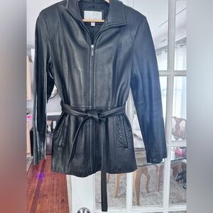 Women Black Leather Belted Jacket
